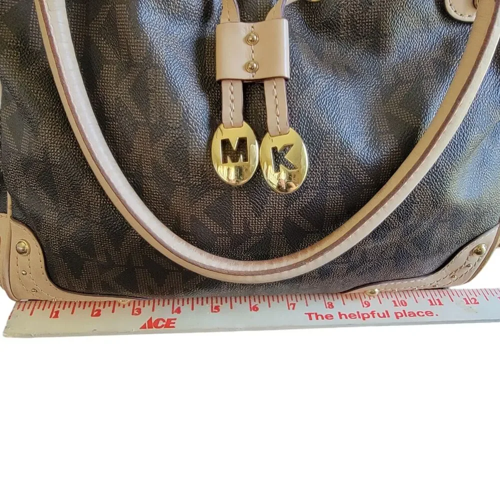 Michael Kors Brown Monogram Drawstring Satchel Handbag Purse Double Top Handle